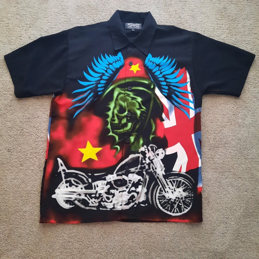 Dragonfly Motorcycle Grim Reaper Shirt Men's Size M Short Sleeve Button Up
